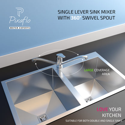 Pixaflo Infix Brass Single Lever Sink Mixer Table Mounted with Swivel Spout and 18 inches Long Braided Hoses | Chrome Finish