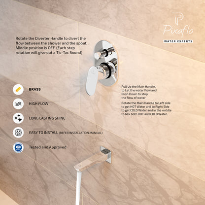 Pixaflo Brass Koroit High Flow Single Lever 4 Way / 2 Inlet Diverter | Tic-Tac | Complete Set | Bathroom Shower System | Bathroom Mixer | Chrome Finish