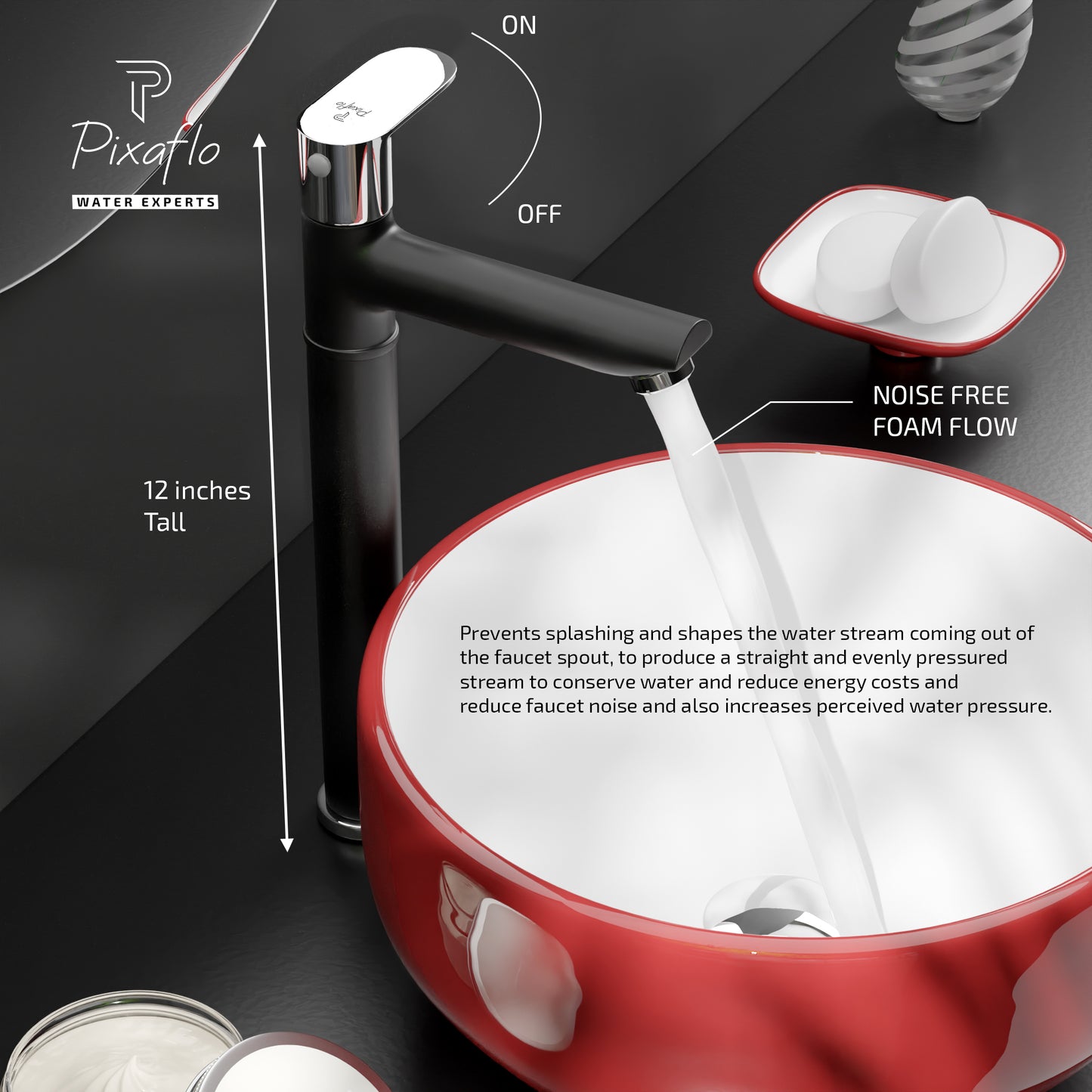Pixaflo Koroit Brass Extended Tall Body Pillar Cock 12 inch Tap for Wash Basin | Deck Mounted | Cold Water Tap (Not Hot & Cold Mixer) | Counter Top/Table Top Faucet | Foam Flow | Black Finish