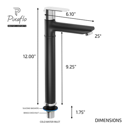 Pixaflo Koroit Brass Extended Tall Body Pillar Cock 12 inch Tap for Wash Basin | Deck Mounted | Cold Water Tap (Not Hot & Cold Mixer) | Counter Top/Table Top Faucet | Foam Flow | Black Finish