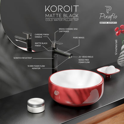 Pixaflo Koroit Brass Extended Tall Body Pillar Cock 12 inch Tap for Wash Basin | Deck Mounted | Cold Water Tap (Not Hot & Cold Mixer) | Counter Top/Table Top Faucet | Foam Flow | Black Finish