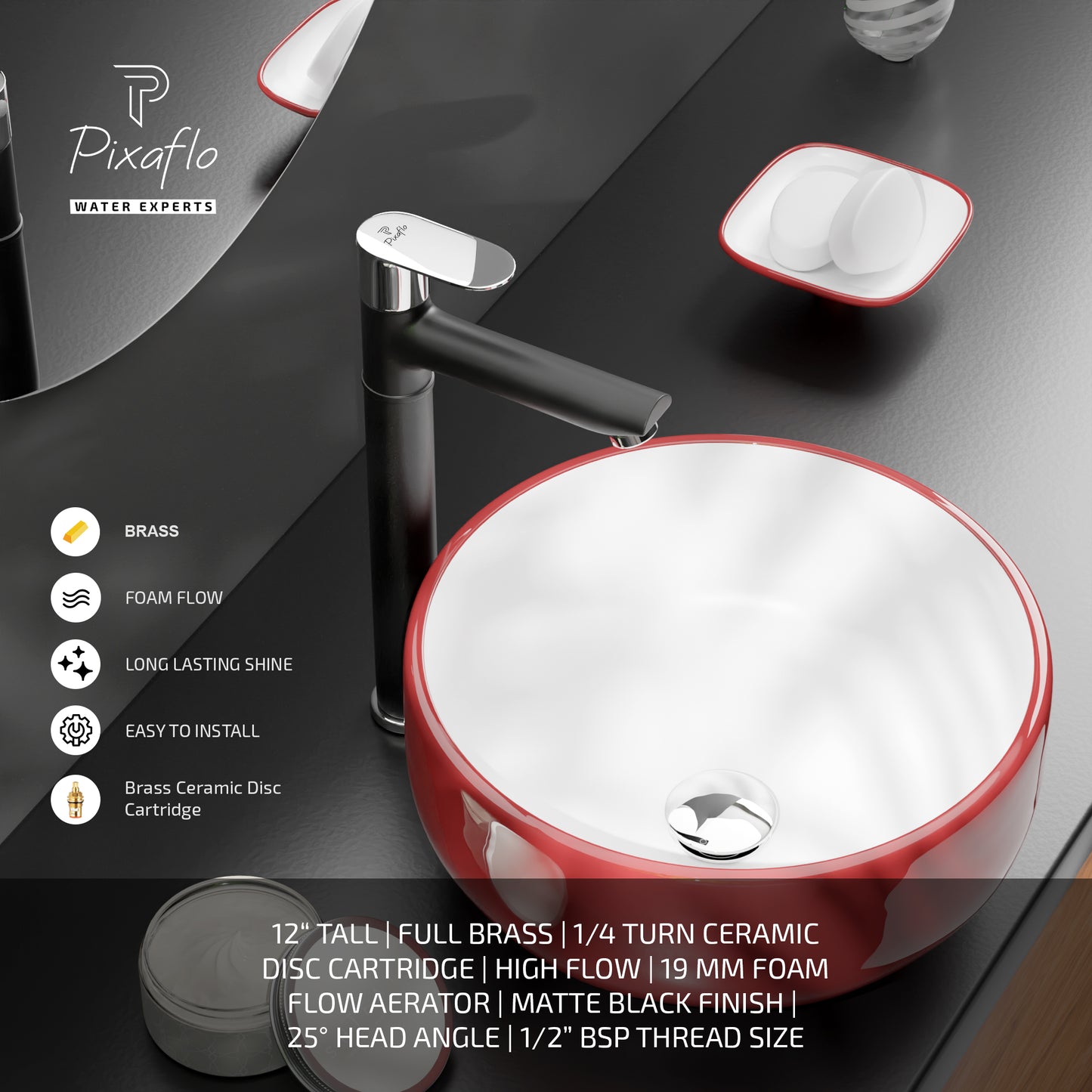 Pixaflo Koroit Brass Extended Tall Body Pillar Cock 12 inch Tap for Wash Basin | Deck Mounted | Cold Water Tap (Not Hot & Cold Mixer) | Counter Top/Table Top Faucet | Foam Flow | Black Finish