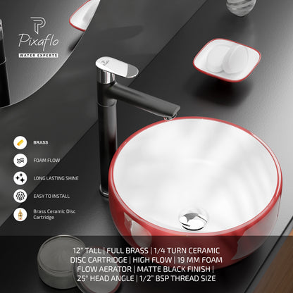 Pixaflo Koroit Brass Extended Tall Body Pillar Cock 12 inch Tap for Wash Basin | Deck Mounted | Cold Water Tap (Not Hot & Cold Mixer) | Counter Top/Table Top Faucet | Foam Flow | Black Finish