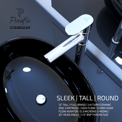 Pixaflo Koroit Brass Extended Tall Body Pillar Cock 12 inch Tap for Wash Basin | Deck Mounted | Cold Water Tap (Not Hot & Cold Mixer) | Counter Top/Table Top Faucet | Foam Flow | Chrome Finish