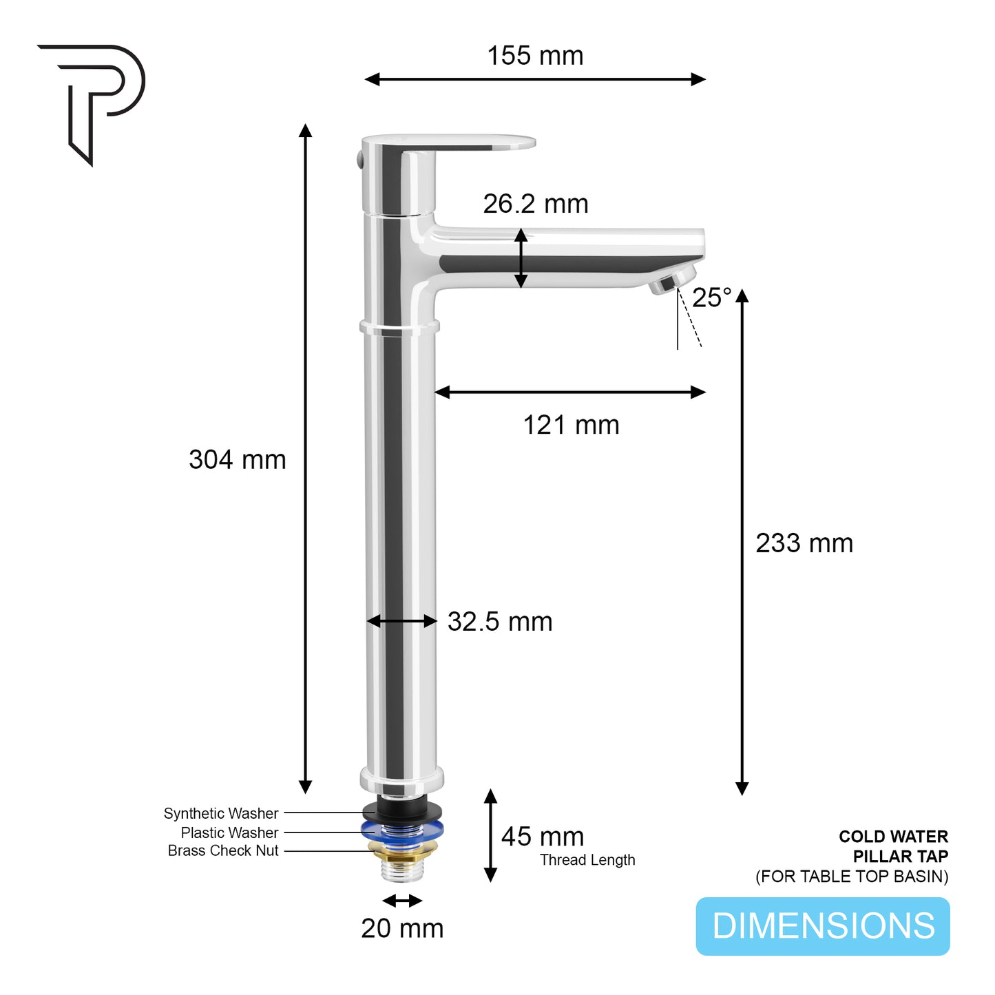 Pixaflo Koroit Brass Extended Tall Body Pillar Cock 12 inch Tap for Wash Basin | Deck Mounted | Cold Water Tap (Not Hot & Cold Mixer) | Counter Top/Table Top Faucet | Foam Flow | Chrome Finish