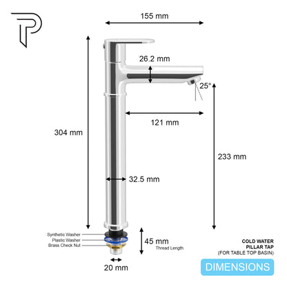Pixaflo Koroit Brass Extended Tall Body Pillar Cock 12 inch Tap for Wash Basin | Deck Mounted | Cold Water Tap (Not Hot & Cold Mixer) | Counter Top/Table Top Faucet | Foam Flow | Chrome Finish