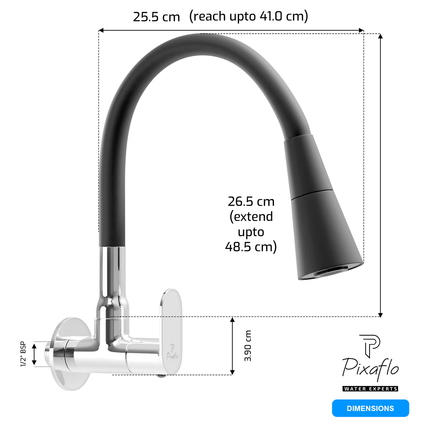 Pixaflo Koroit Brass Sink Cock Tap with Wall Flange | with Black Dual Flow 360-degree Swivel Flexible Silicone Swivel Spout for Kitchen Sink | Wall Mounted