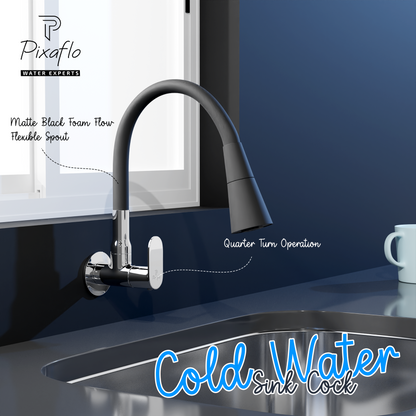 Pixaflo Koroit Brass Sink Cock Tap with Wall Flange | with Black Dual Flow 360-degree Swivel Flexible Silicone Swivel Spout for Kitchen Sink | Wall Mounted