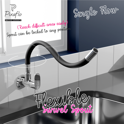 Pixaflo Koroit Brass Sink Cock Tap with Wall Flange | with Black Foam Flow 360-degree Swivel Flexible Silicone Swivel Spout for Kitchen Sink | Wall Mounted