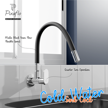 Pixaflo Koroit Brass Sink Cock Tap with Wall Flange | with Black Foam Flow 360-degree Swivel Flexible Silicone Swivel Spout for Kitchen Sink | Wall Mounted