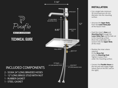 Pixaflo Koroit-R Brass Extended Tall Body Hot & Cold Single Lever Basin Mixer 12 inch Tap with 360-Degree Swivel Spout and 24 inches Long Braided Hoses | Chrome