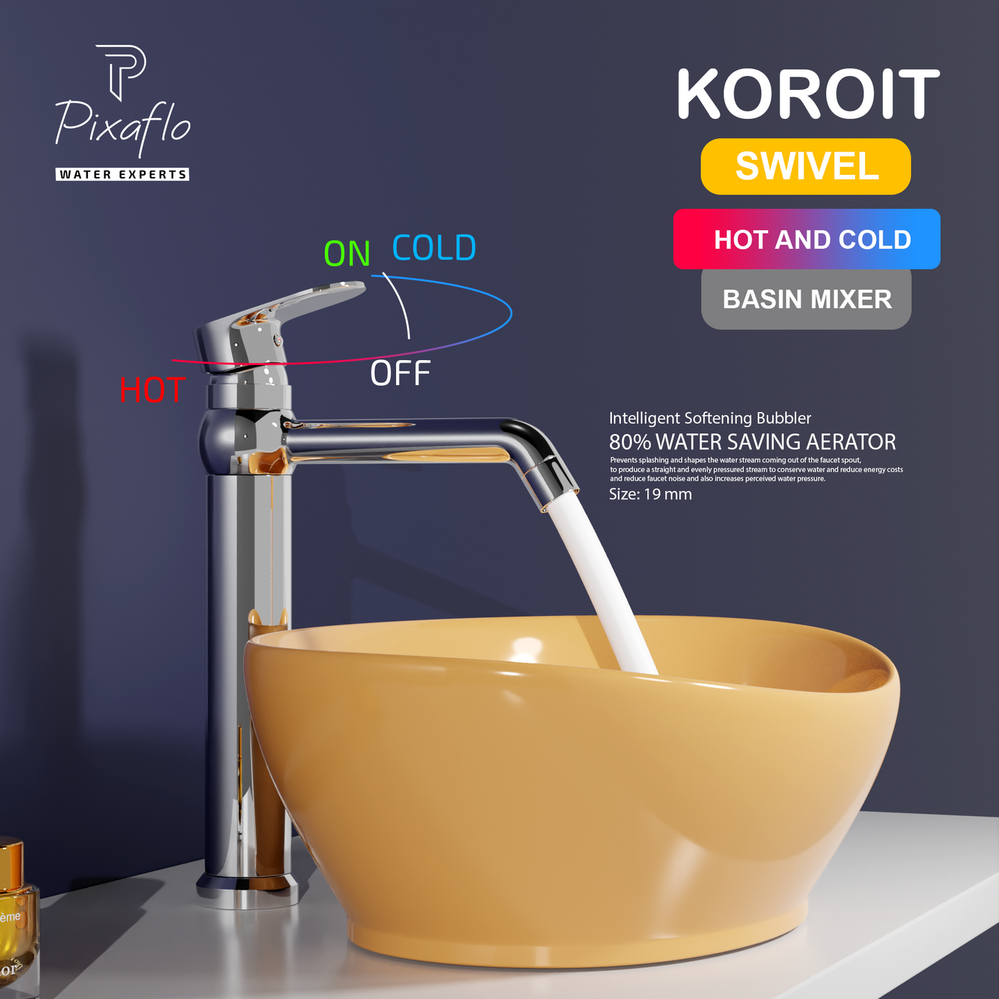 Pixaflo Koroit-R Brass Extended Tall Body Hot & Cold Single Lever Basin Mixer 12 inch Tap with 360-Degree Swivel Spout and 24 inches Long Braided Hoses | Chrome