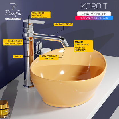 Pixaflo Koroit-R Brass Extended Tall Body Hot & Cold Single Lever Basin Mixer 12 inch Tap with 360-Degree Swivel Spout and 24 inches Long Braided Hoses | Chrome