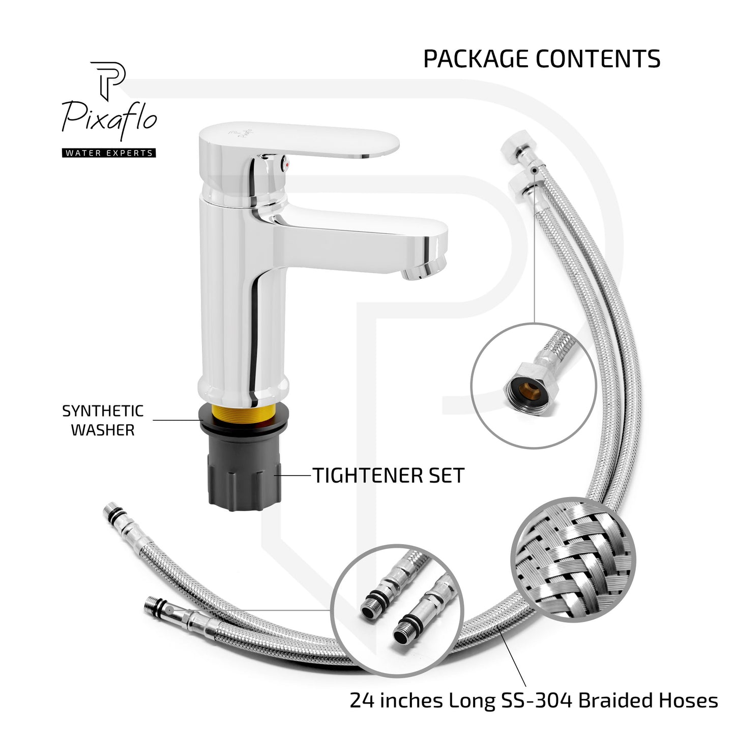 Pixaflo Koroit Brass Single Lever Basin Mixer Tap with 24 inches Braided Hoses | Hot & Cold Deck Mounted Faucet | Chrome Finish