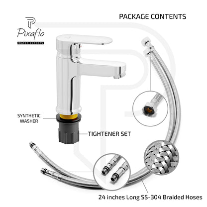 Pixaflo Koroit Brass Single Lever Basin Mixer Tap with 24 inches Braided Hoses | Hot & Cold Deck Mounted Faucet | Chrome Finish