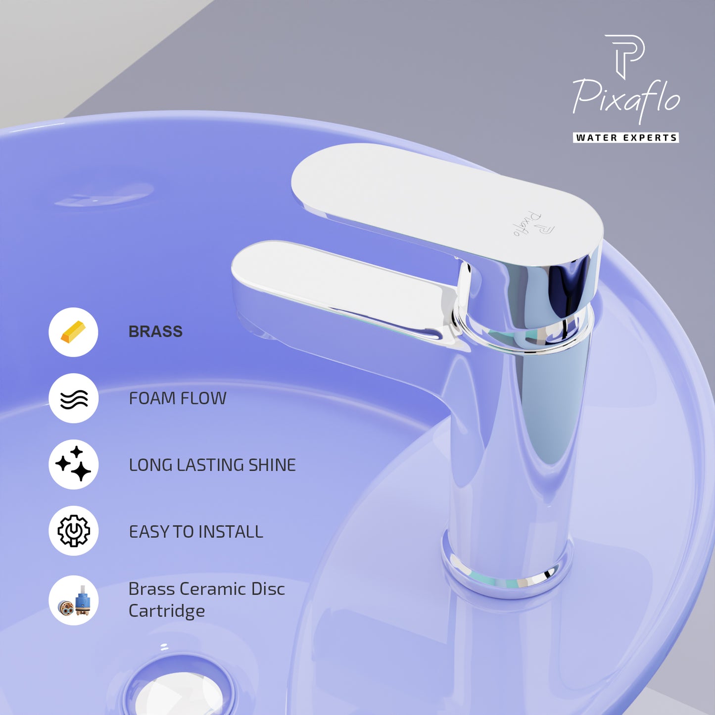 Pixaflo Koroit Brass Single Lever Basin Mixer Tap with 24 inches Braided Hoses | Hot & Cold Deck Mounted Faucet | Chrome Finish