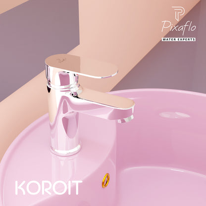 Pixaflo Koroit Brass Single Lever Basin Mixer Tap with 24 inches Braided Hoses | Hot & Cold Deck Mounted Faucet | Chrome Finish
