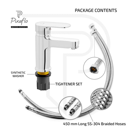 Pixaflo Koroit Brass Single Lever Basin Mixer Tap with 18 inches Braided Hoses | Hot & Cold Deck Mounted Faucet | Chrome Finish