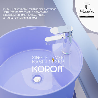 Pixaflo Koroit Brass Single Lever Basin Mixer Tap with 18 inches Braided Hoses | Hot & Cold Deck Mounted Faucet | Chrome Finish