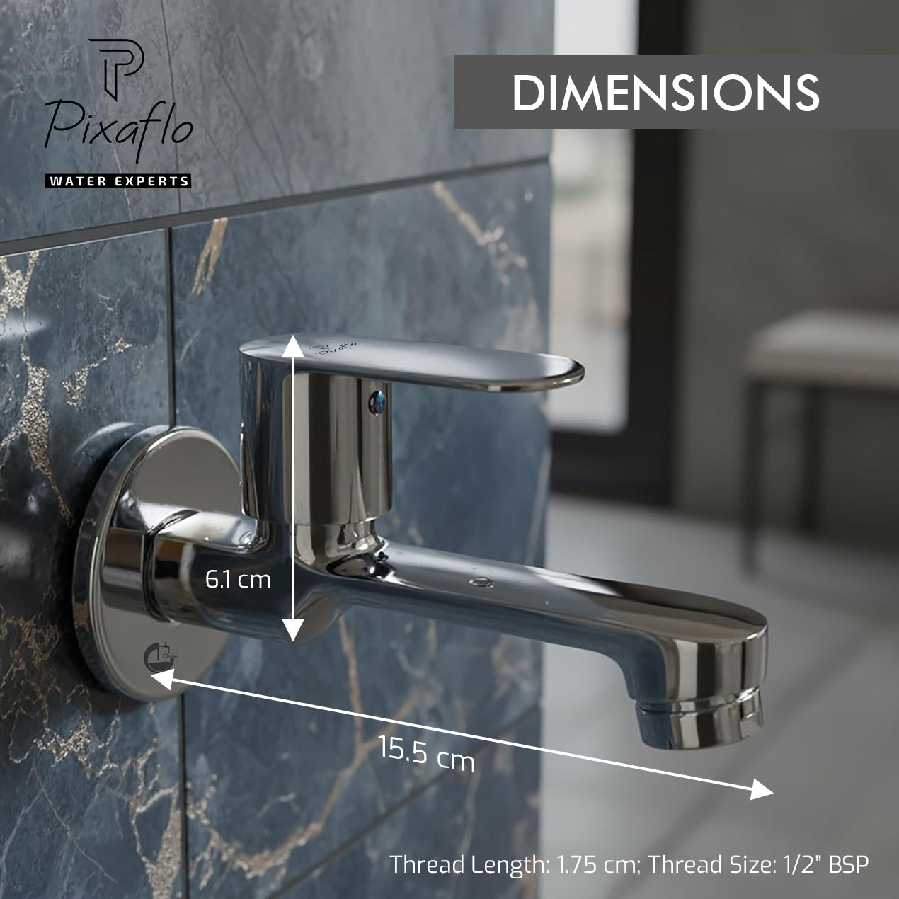 Pixaflo Koroit Brass Long Body Bib Cock Tap with Wall Flange Combo | Chrome | Pack of 2