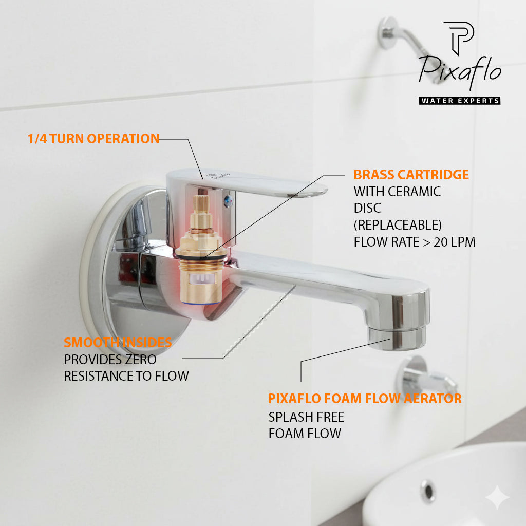 Pixaflo Koroit Brass Long Body Bib Cock Tap with Wall Flange Combo | Chrome | Pack of 2