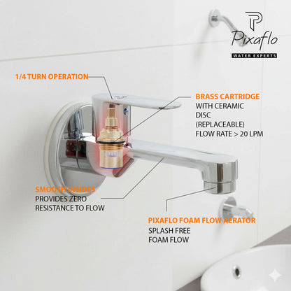 Pixaflo Koroit Brass Long Body Bib Cock Tap with Wall Flange Combo | Chrome | Pack of 2