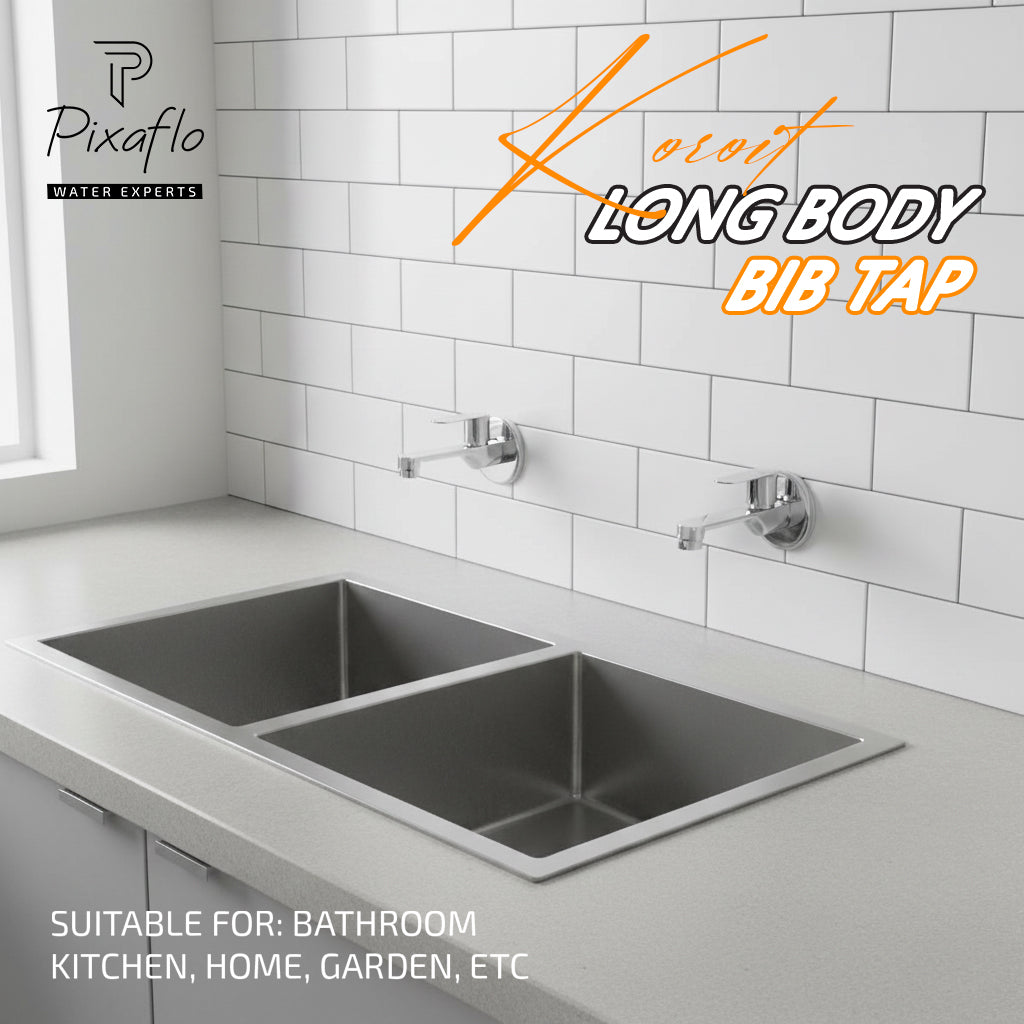 Pixaflo Koroit Brass Long Body Bib Cock Tap with Wall Flange Combo | Chrome | Pack of 2