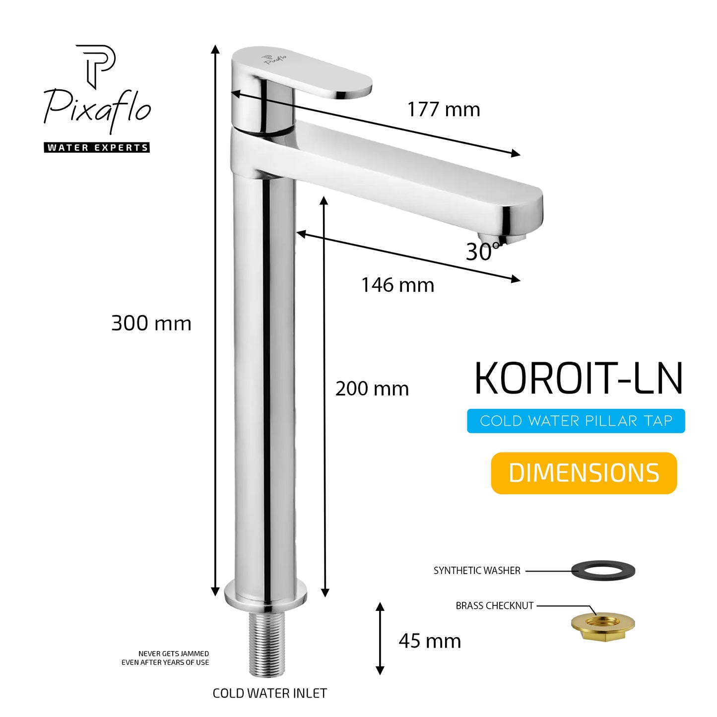 Pixaflo Koroit-LN Brass Extended Tall Body Pillar Cock 12 inch Tap for Wash Basin | 7 Inch Long Nose Spout | Deck Mounted | Cold Water Tap (Not Hot & Cold Mixer) | Table Top Faucet | Chrome Finish