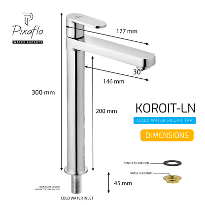 Pixaflo Koroit-LN Brass Extended Tall Body Pillar Cock 12 inch Tap for Wash Basin | 7 Inch Long Nose Spout | Deck Mounted | Cold Water Tap (Not Hot & Cold Mixer) | Table Top Faucet | Chrome Finish