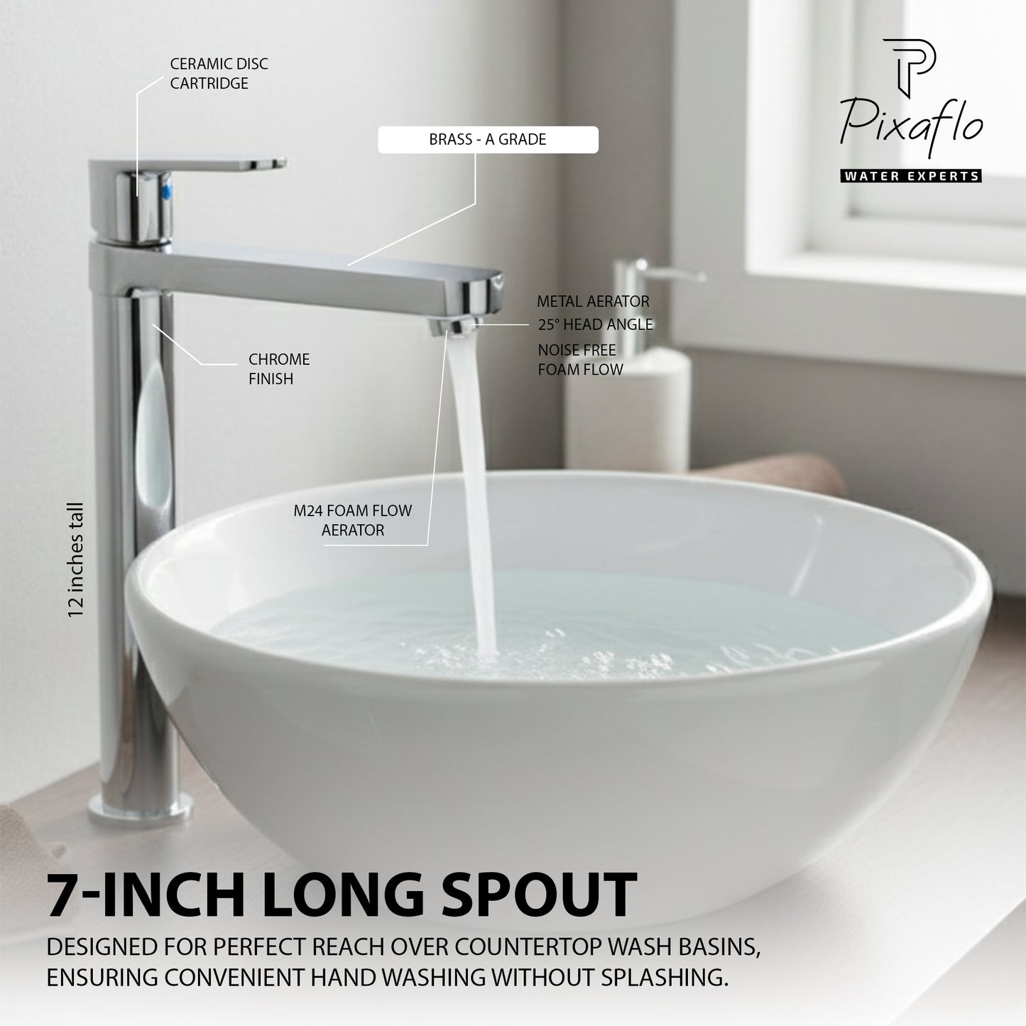 Pixaflo Koroit-LN Brass Extended Tall Body Pillar Cock 12 inch Tap for Wash Basin | 7 Inch Long Nose Spout | Deck Mounted | Cold Water Tap (Not Hot & Cold Mixer) | Table Top Faucet | Chrome Finish