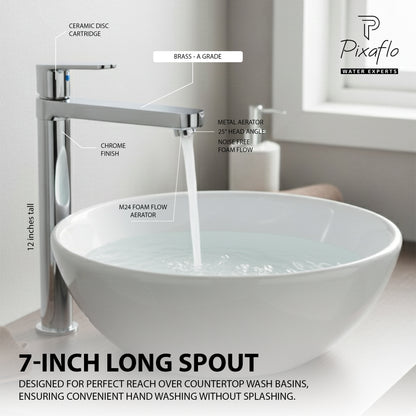 Pixaflo Koroit-LN Brass Extended Tall Body Pillar Cock 12 inch Tap for Wash Basin | 7 Inch Long Nose Spout | Deck Mounted | Cold Water Tap (Not Hot & Cold Mixer) | Table Top Faucet | Chrome Finish