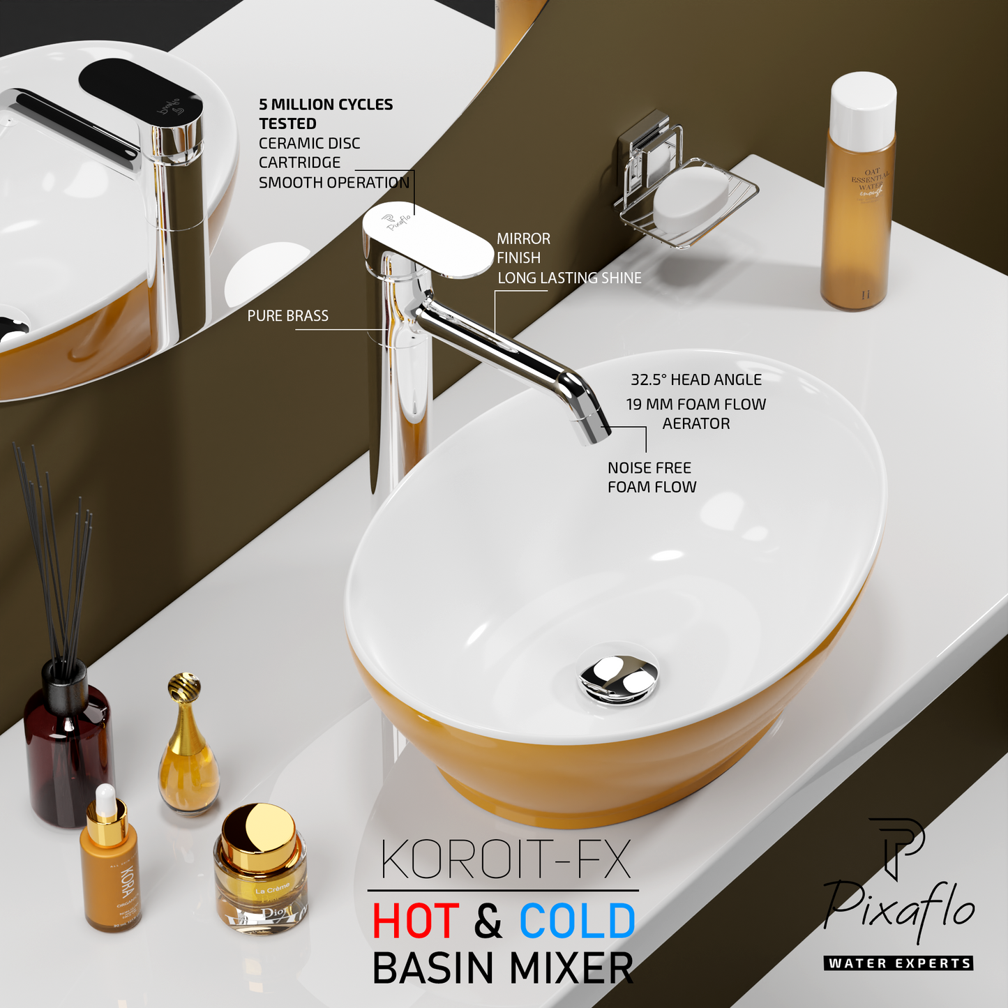 Pixaflo Koroit-FX Brass Extended Hot & Cold Single Lever Basin Mixer Tall Boy with 24 inches Braided Hoses | 12 inches Tall | Chrome
