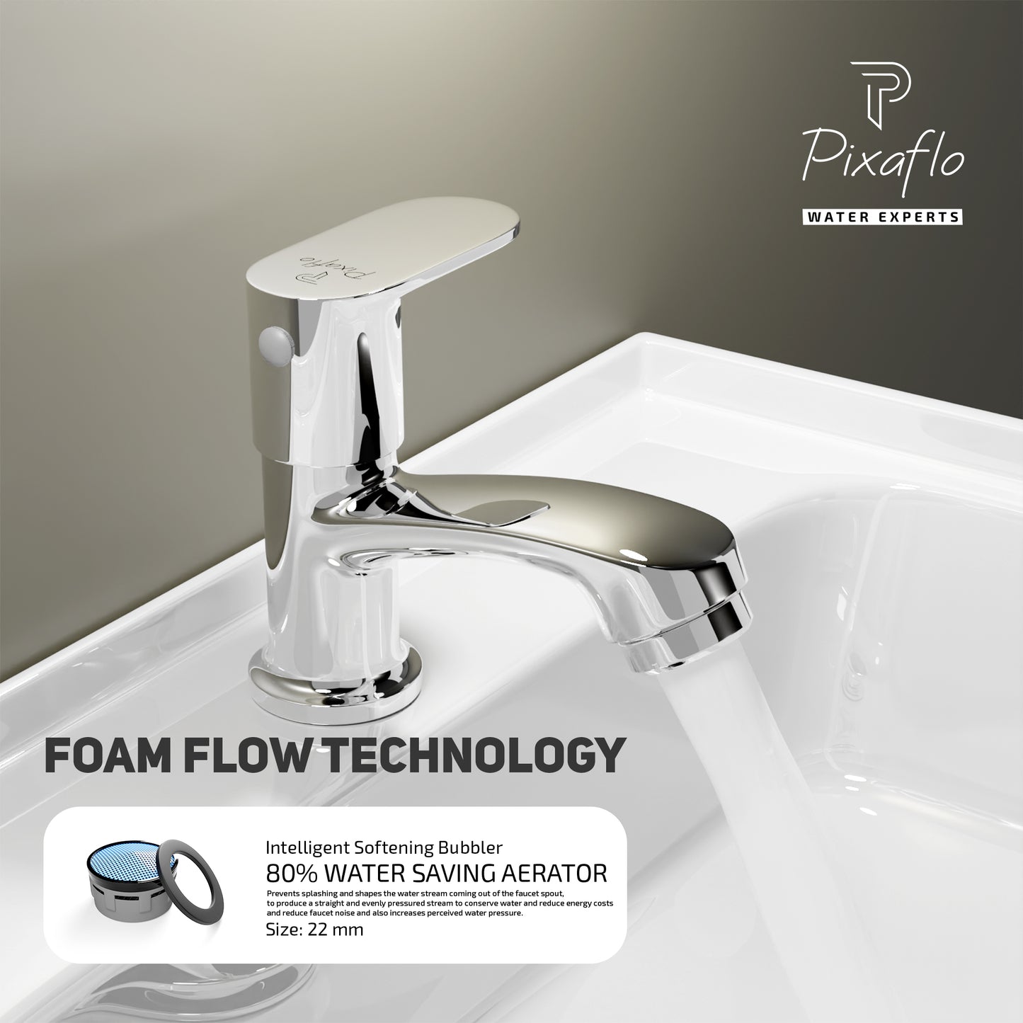 Pixaflo Koroit Brass Pillar Tap for Wash Basin | Pillar Cock | Quarter-Turn | Ceramic Disc Cartridge | Foam Flow | Chrome Finish