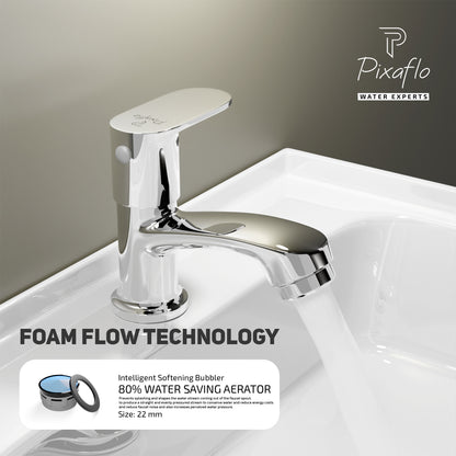 Pixaflo Koroit Brass Pillar Tap for Wash Basin | Pillar Cock | Quarter-Turn | Ceramic Disc Cartridge | Foam Flow | Chrome Finish
