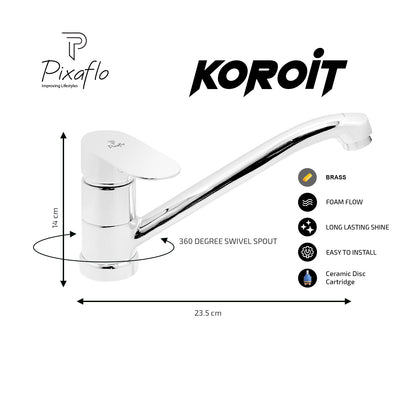 Pixaflo Koroit Brass Single Lever Sink Mixer Table Mounted with Swivel Spout and 18 inches Long Braided Hoses | Chrome Finish