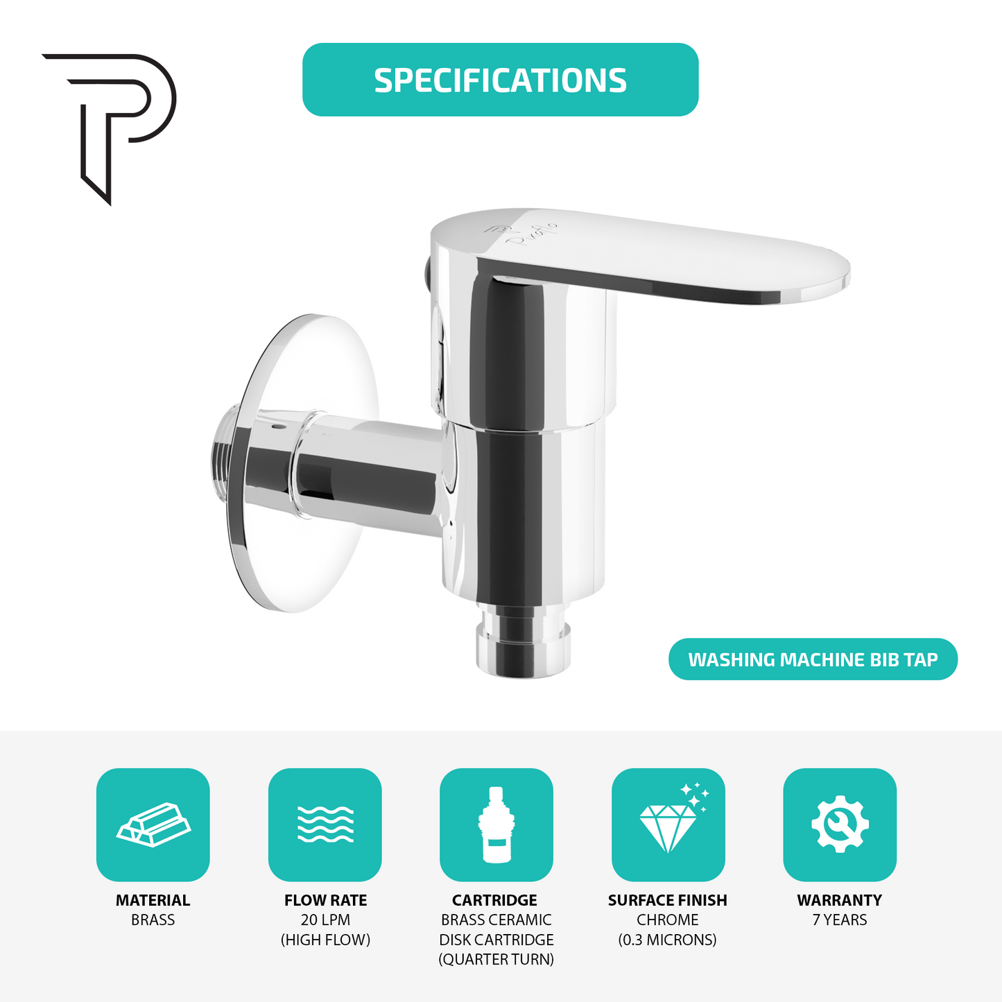 Pixaflo Koroit Brass Washing Machine Tap with Wall Flange | Chrome Finish