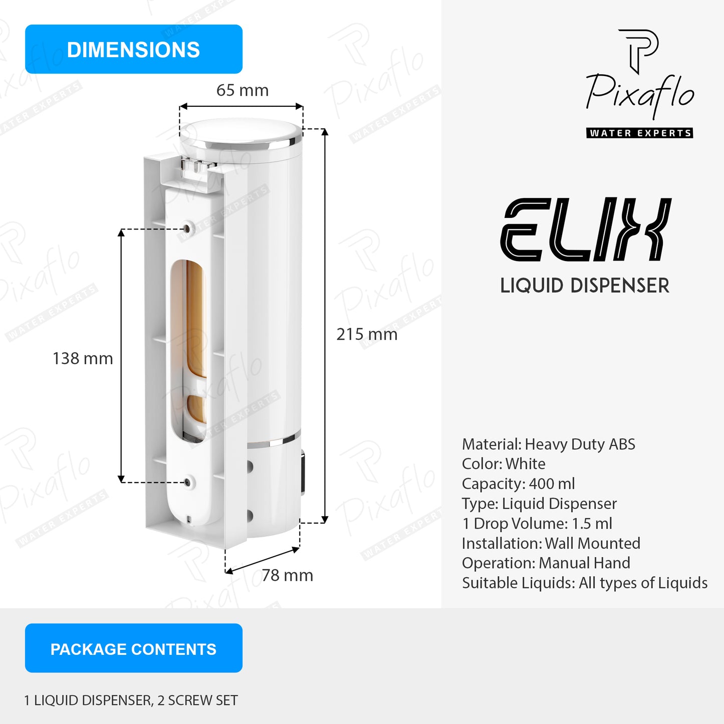 Pixaflo Elix Liquid Sanitizer Shower Gel Dish Wash Soap Dispenser for Bathroom Kitchen Combo | 400 ml Capacity | Wall Mounted | Plastic (White, Pack of 2)