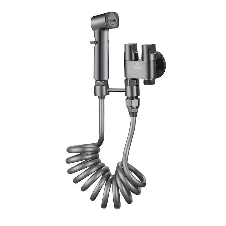 Pixaflo Compact 2-in-1 Angle Valve with Health Faucet, Shower Tube and Hook | Complete Set | Antique Black for Bathroom, Toilet, Wash Basin