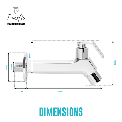 Pixaflo META Brass Long Body Bib Cock Tap with Wall Flange | Chrome