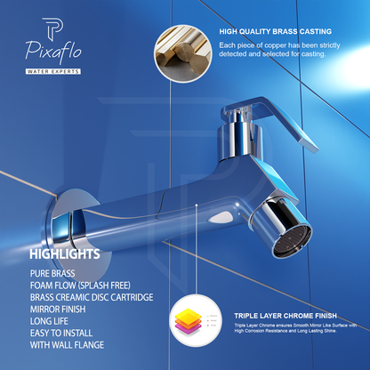 Pixaflo META Brass Long Body Bib Cock Tap with Wall Flange | Chrome