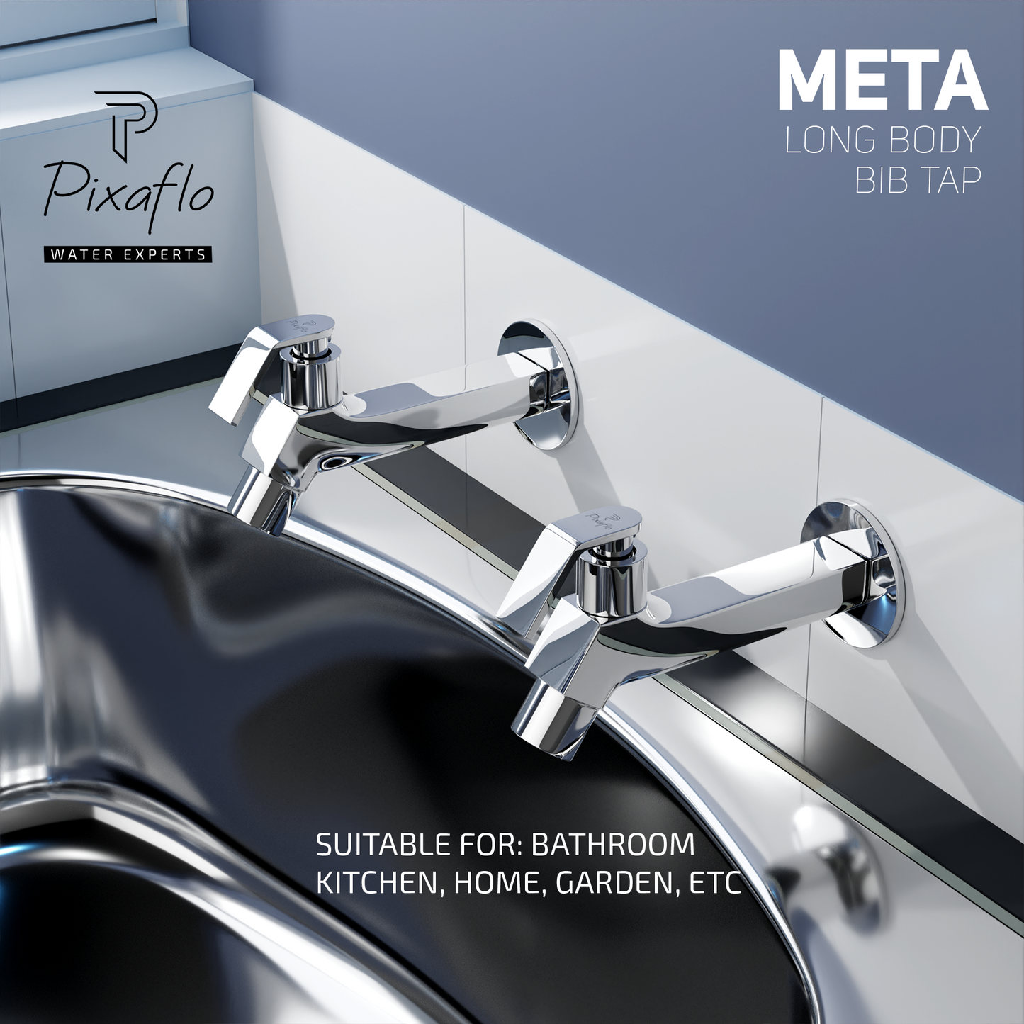 Pixaflo META Brass Long Body Bib Cock Tap with Wall Flange | Chrome