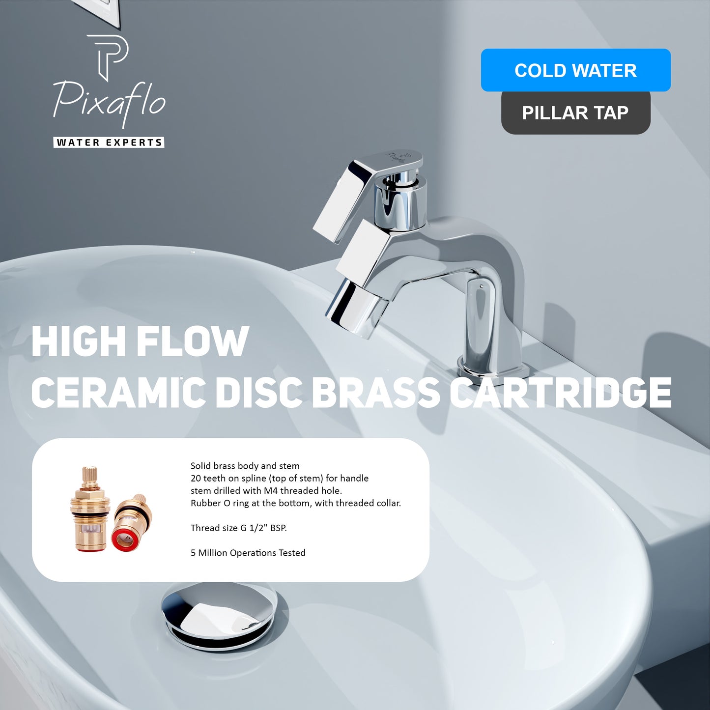 Pixaflo Meta Brass Pillar Tap for Wash Basin Combo | Pillar Cock | Quarter-Turn | Ceramic Disc Cartridge | Foam Flow | Chrome Finish | Pack of 2