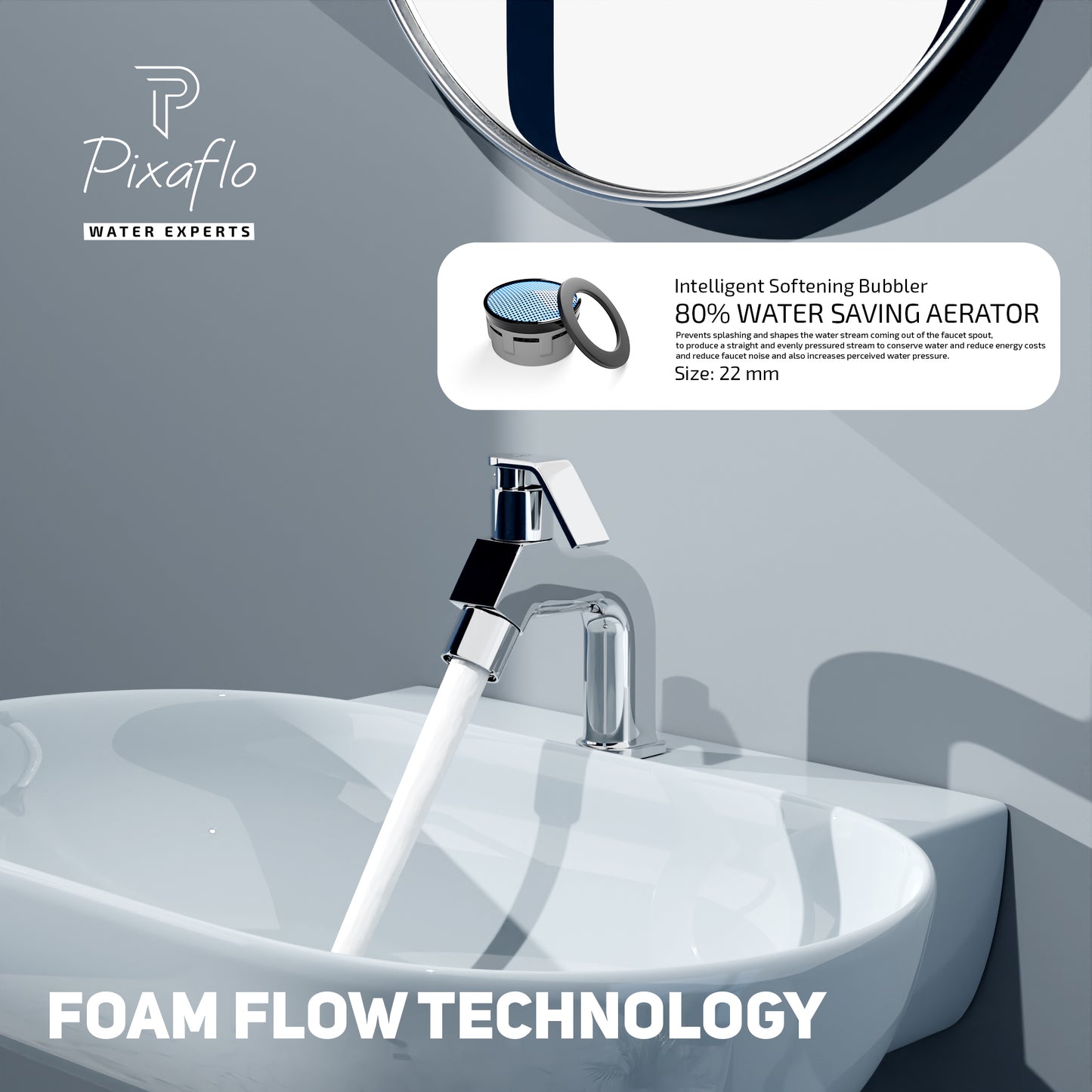 Pixaflo Meta Brass Pillar Tap for Wash Basin Combo | Pillar Cock | Quarter-Turn | Ceramic Disc Cartridge | Foam Flow | Chrome Finish | Pack of 2