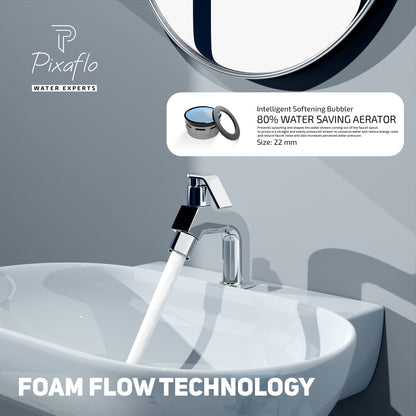 Pixaflo Meta Brass Pillar Tap for Wash Basin Combo | Pillar Cock | Quarter-Turn | Ceramic Disc Cartridge | Foam Flow | Chrome Finish | Pack of 2