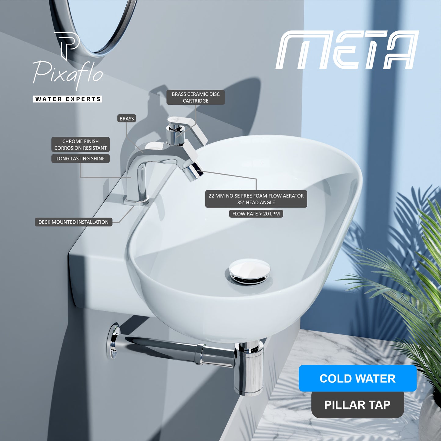 Pixaflo Meta Brass Pillar Tap for Wash Basin Combo | Pillar Cock | Quarter-Turn | Ceramic Disc Cartridge | Foam Flow | Chrome Finish | Pack of 2
