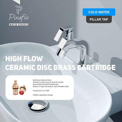 Pixaflo Meta Brass Pillar Tap for Wash Basin | Pillar Cock | Quarter-Turn | Ceramic Disc Cartridge | Foam Flow | Chrome Finish
