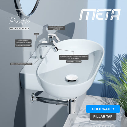 Pixaflo Meta Brass Pillar Tap for Wash Basin | Pillar Cock | Quarter-Turn | Ceramic Disc Cartridge | Foam Flow | Chrome Finish