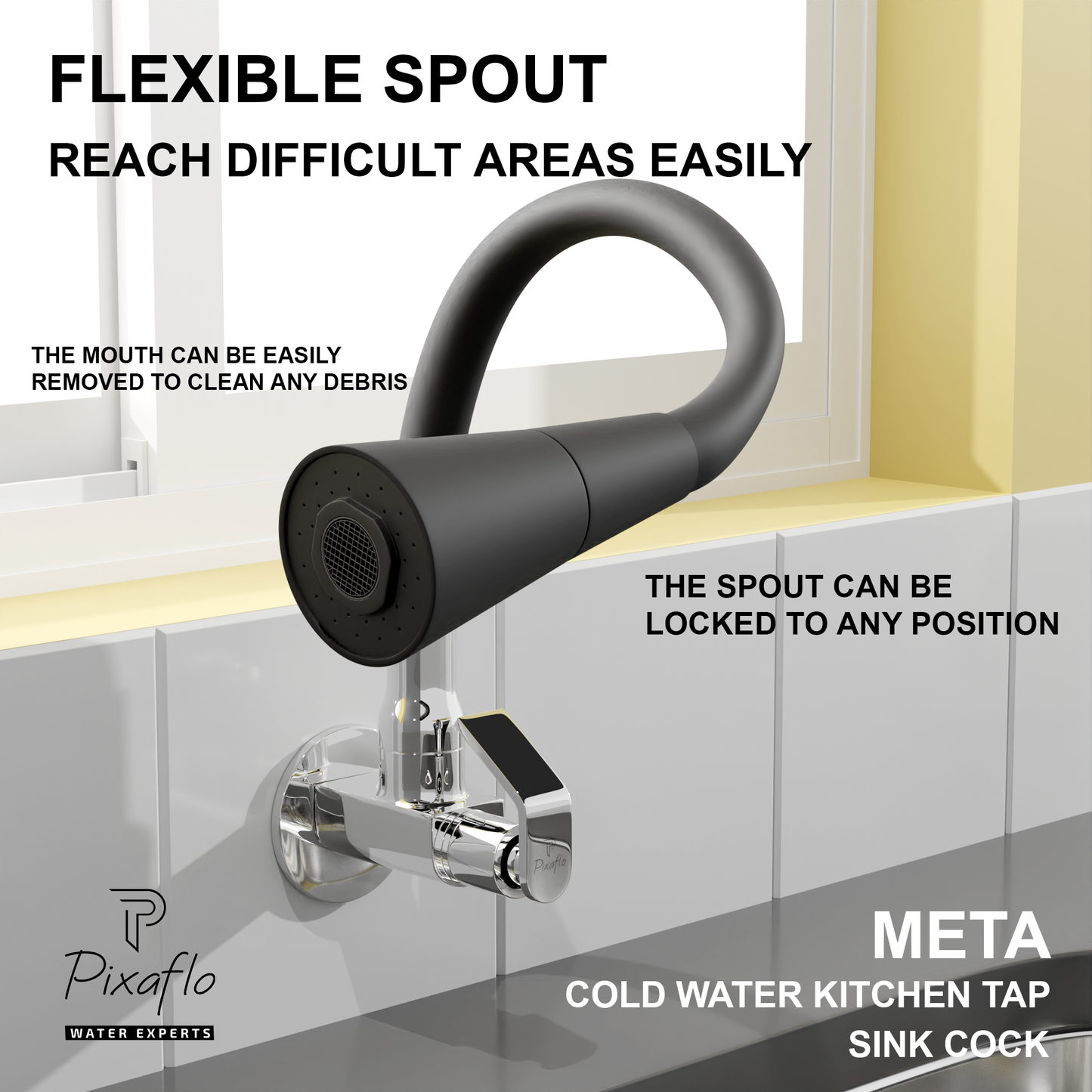 Pixaflo Meta Brass Sink Cock Tap with Wall Flange | with Black Dual Flow 360-degree Swivel Flexible Silicone Swivel Spout for Kitchen Sink | Wall Mounted