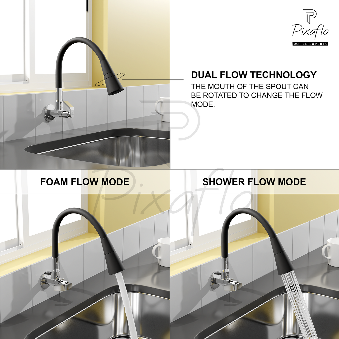 Pixaflo Meta Brass Sink Cock Tap with Wall Flange | with Black Dual Flow 360-degree Swivel Flexible Silicone Swivel Spout for Kitchen Sink | Wall Mounted