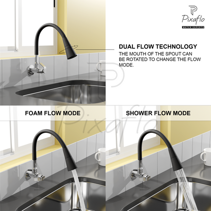 Pixaflo Meta Brass Sink Cock Tap with Wall Flange | with Black Dual Flow 360-degree Swivel Flexible Silicone Swivel Spout for Kitchen Sink | Wall Mounted